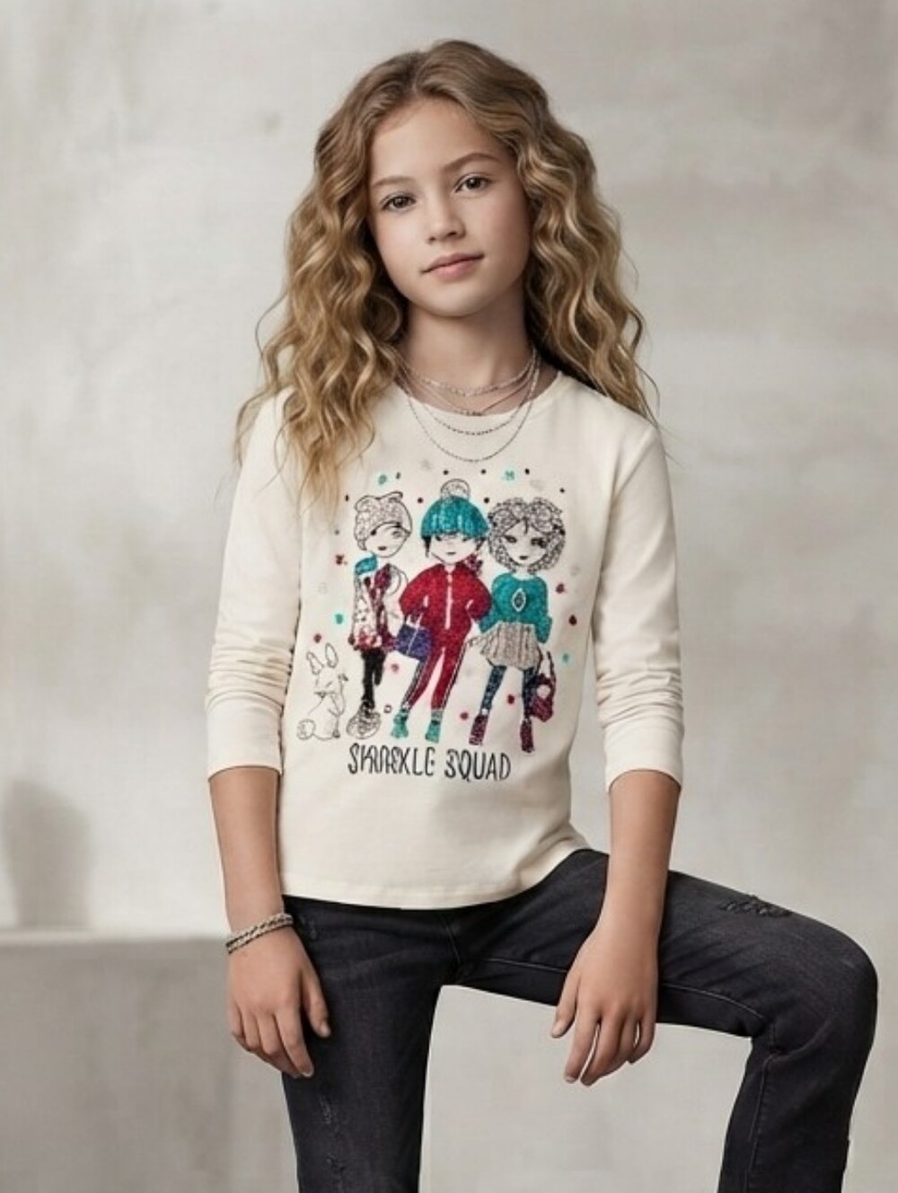 Garanimals Cream Long Sleeve Tee with Sparkle Squad Graphic